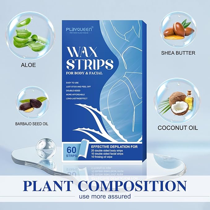 Wax Strips - (60 Count),10 Calming Oil Wipes Hypoallergenic For Hair Removal, For Women and Men, Face Waxing Kit For Women, Body Wax Strips - Brazilian Waxing, Suitable For All Skin Types