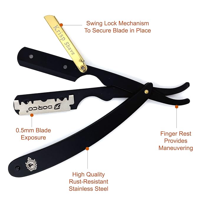 Professional Straight Razors For Men, Barber Razors, Straight Edge Razor Kit For Close Shaving - Beard Cut Throat Straight Razor Safety Shavette - 10 Shaving Blades By Krisp Beauty (Black/Gold)