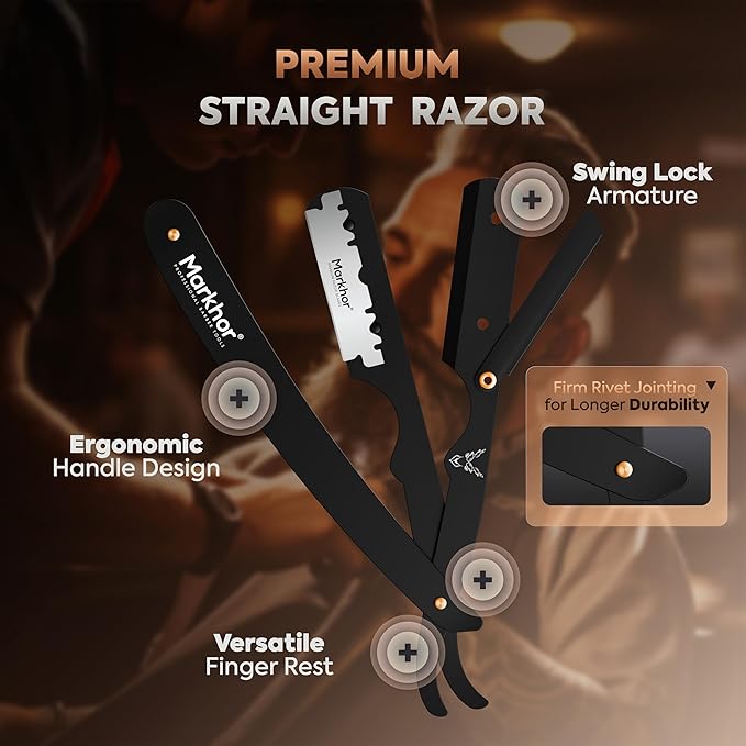 Markhor® Straight Razors for Men with 100 Single Edge Razor Blades | Matte Black Barber Straight Razor | Straight Edge Razor | Barber Razor Blade | Navajas Para Barbero