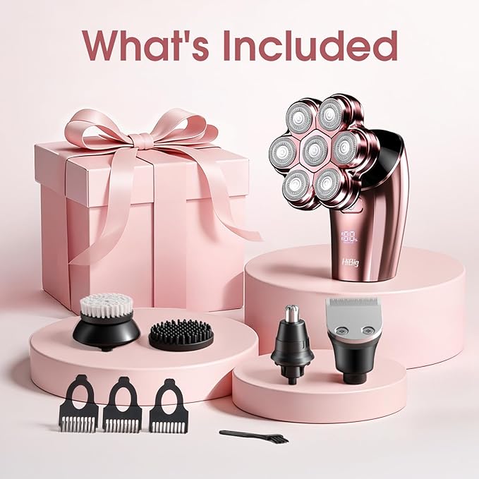Electric Razors for Women Legs: 5-in-1 Rechargeable Body Shaver, 7D Wet & Dry Bikini Trimmer, IPX7 Waterproof Lady Hair Remover for Face Underarms Pubic, Rose Pink