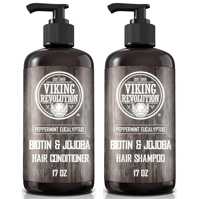 Viking Revolution Biotin Mens Shampoo and Conditioner Set - Eucalyptus Shampoo and Conditioner Set with Jojoba and Mint Oil - Peppermint Oil Hair Conditioner for Men (17 Oz)