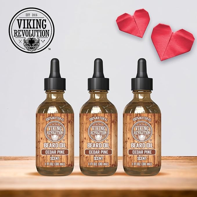 Viking Revolution Men's Beard Oil - Natural Argan and Jojoba Blend, Softens and Strengthens Facial Hair (Cedar and Pine, 3 Pack)
