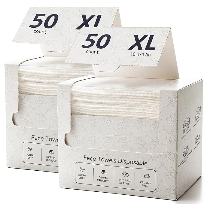 Disposable Face Towels XL, 10"x12" Ultra Soft & Thick Dry Wipes, Makeup Remover & Facial Cleansing Towels for Sensitive Skin, 50 Count, 2 Pack