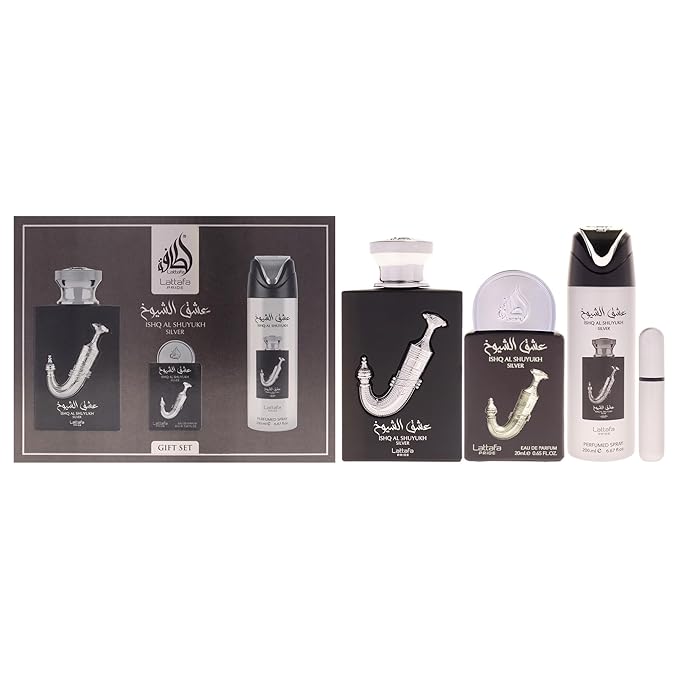 Lattafa Pride - Ishq Al Shuyukh Silver for Men - 3 Pc Gift Set 3.4oz EDP Spray, 6.67oz Perfumed Body Spray, 0.67oz EDP Spray