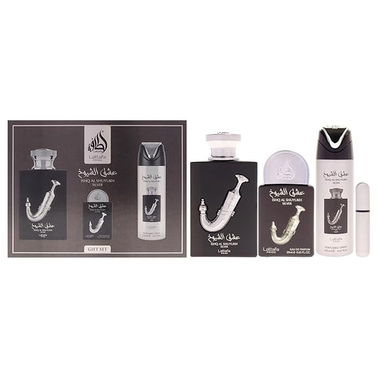 Lattafa Pride - Ishq Al Shuyukh Silver for Men - 3 Pc Gift Set 3.4oz EDP Spray, 6.67oz Perfumed Body Spray, 0.67oz EDP Spray