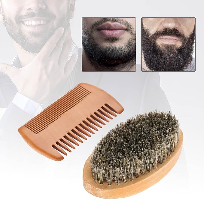 Beard Brush and Comb Set, Boar Beard Brush and Handmade Wooden Comb Mustache Shaving Cleaning Grooming Kit for Men