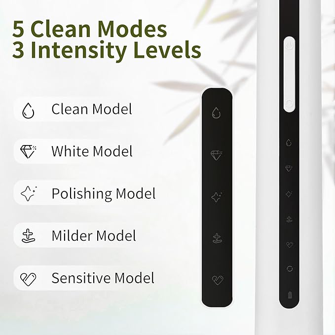 Bamboo Electric Toothbrush丨Rechargeable Electric Toothbrush with 4 Bamboo Heads, Soft Castor Oil Bristles,5 Moedes&3 Intensities, 45 Days Battery Life, IPX7 Waterproof-White