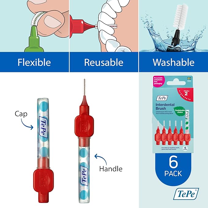 TePe Interdental Brush Original, Soft Dental Brush for Teeth Cleaning, Pack of 6, 0.5 mm, Extra-Small/Small Gaps, Red, Size 2