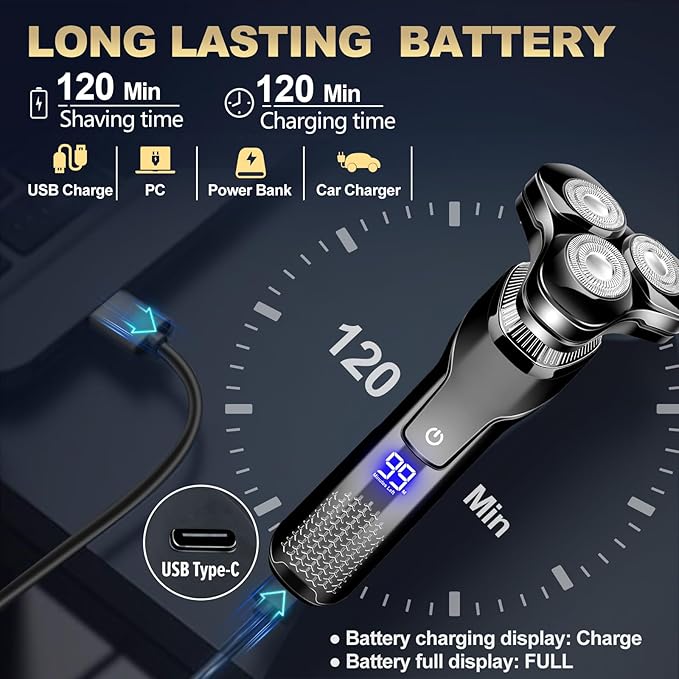 Men's Electric Razor, Upgraded 4D Floating Magnetic Blade Head Rotary Shaver, 3-in-1 Multifunctional for Beard/Nose/Sideburns, IPX7 Waterproof Rechargeable Cordless Shaver, Turbo Speed, Gift for Men