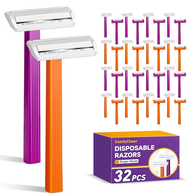 32 count Disposable Razors for Men，Single Blade Razors，Bulk Stainless Steel Shavers with Protective Head for Shaving Sensitive Skin