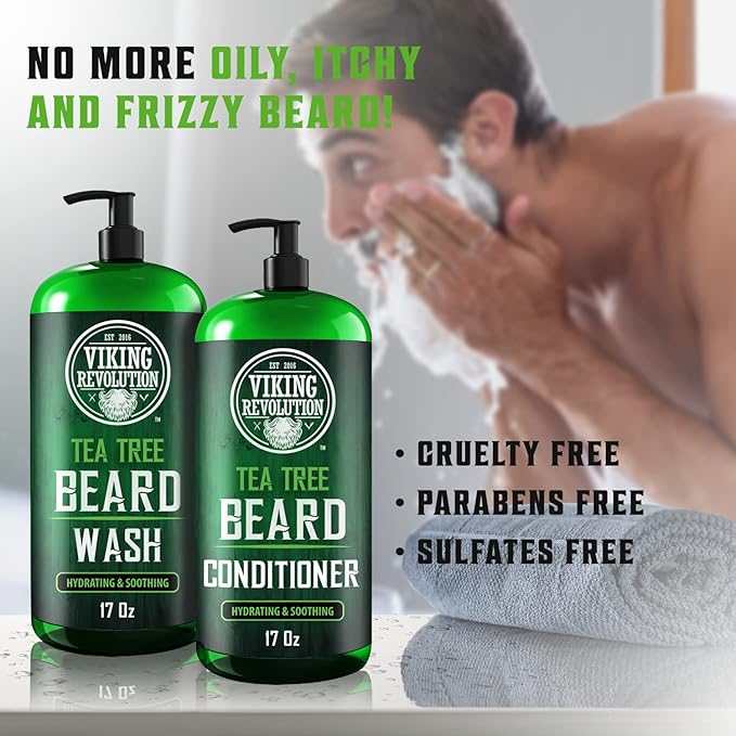 Viking Revolution Tea Tree Oil Beard Wash and Beard Conditioner For Men - Natural Beard Softener Set with Argan Oil, Vitamin E and Ginseng - Beard Shampoo and Conditioner Set (17 Oz)