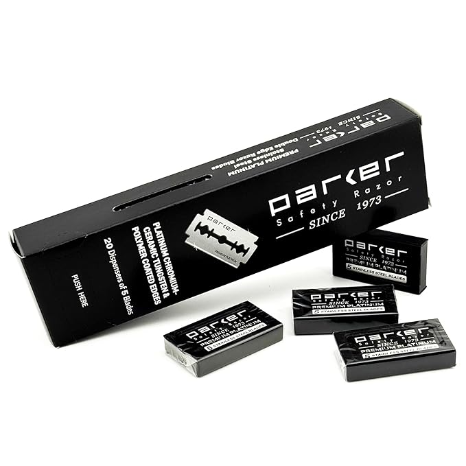Parker 100‑Count Double Edge Safety Razor Blades – Premium Platinum‑Tungsten‑Chromium Coated Stainless Steel for Smooth, Long‑Lasting Shaves – Fits All DE Razors