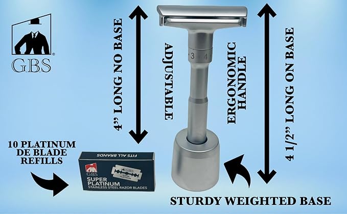 G.B.S Chrome Adjustable Men's Double Edge Safety Razor with Blades, Stand and 10 G.B.S Platinum Blade Refills