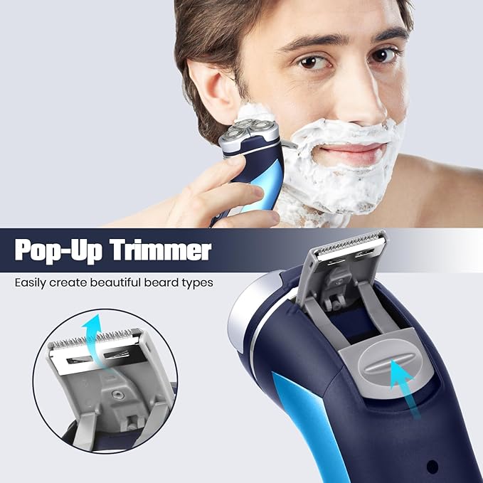 Sakioo Electric Shaver for Men, IPX7 Waterproof Washable, Pop-Up Trimmer, 360° Floating Head, Type-C Fast Charging LED Display, Cordless Wet/Dry Use, Sensitive Skin Friendly, Ideal Travel Gift for Men