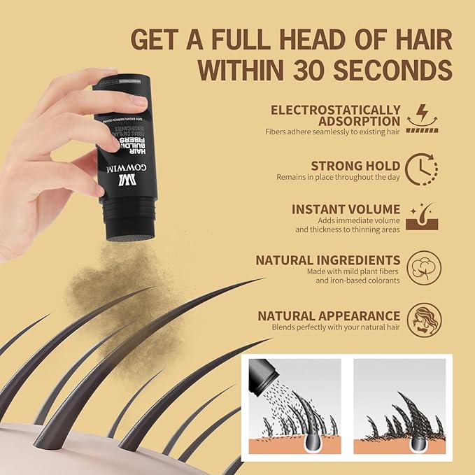 Gowwim Hair Fibers，Instant Building Thickening Fibers for Thinning Loss Hair Natural Grey Coverage Touch up Bald Spot Cover up Waterproof & Sweatproof for Women & Men 100g
