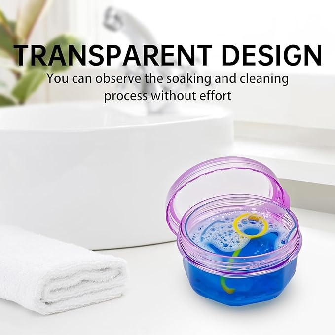 Leakproof Denture Case Purple Denture Soaking Cup with Strainer Basket, False Teeth Container Dental Denture Bath Holder Storage Box Retainer Cleaner Case for Traveling