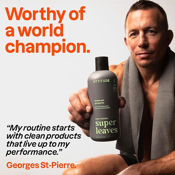 ATTITUDE Shower Gel Body Wash for Men, 98% Natural Origin Ingredients, Paraben & Phthalate Free, EWG Verified, Cleanses Without Drying, Matcha & Bergamot, 14 Fl Oz (Pack of 3)
