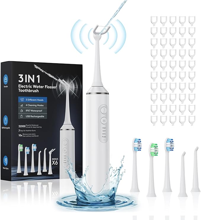 Electric Flosser for Teeth | 3-in-1 Water Dental Floss & Toothbrush & Water Flosser with 4 Modes，Cordless Power Flossers with 50 Replacement Heads for Adults (White)