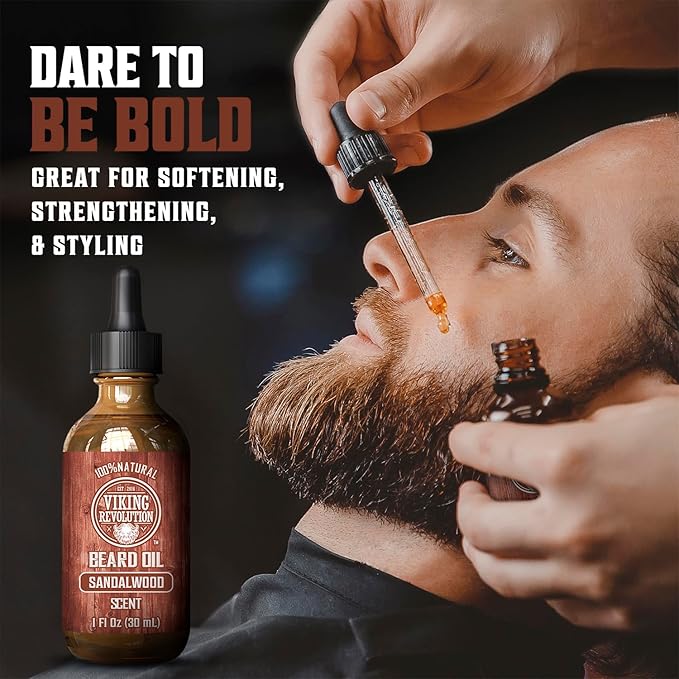 Viking Revolution Beard Oil for Men - Natural Mens Beard Oil with Argan Oil and Jojoba Oil - Beard Softener, Strengthens and Moisturizes - Beard Conditioner for Men (Sandalwood, 1 Pack)