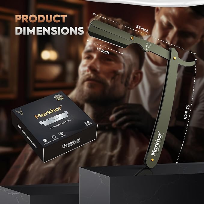 Markhor® Straight Razors for Men with 100 Single Edge Razor Blades | Barber Straight Razor | Straight Edge Razor | Barber Razor Blade | Navajas Para Barbero (Camo Green)