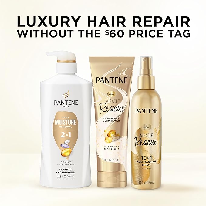Pantene 2-in-1 Shampoo & Conditioner, Daily Moisture Renewal - Pro-V Nutrients for Dry, Straight to Curly Hair,72-Hour Hydration & Softness, 27.7 Oz Each, + Rescue Shot (0.5 Oz),2 Count (Pack of 2)
