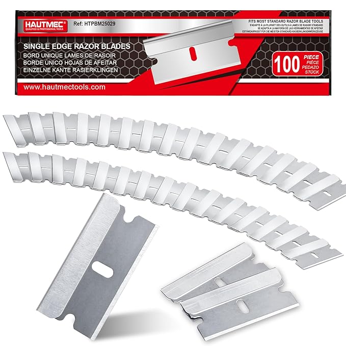 HAUTMEC 100 Pack Single Edge Razor Blades, Heavy Duty Edge Blades, Ultra Sharp, Rust-Resistant,Industrial & DIY Use, Fits most Standard Scraper & Utility Knife, for Removing Decals, Stickers 25029