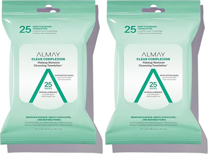 Almay Makeup Remover Cleansing Towelettes, Biodegradable Clear Complexion Wipes for Oily and Acne Prone Skin, Hypoallergenic, Cruelty Free, Fragrance Free, 25 Count (Pack of 2)