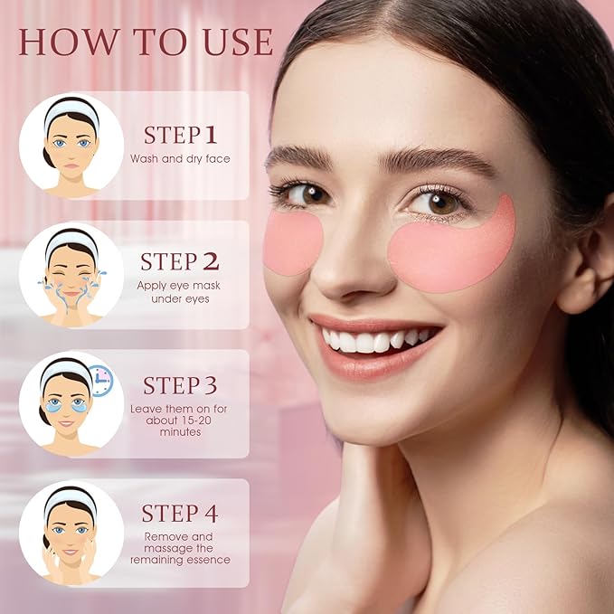 Under Eye Patches for Dark Circles and Puffiness, 60 Pcs Collagen Eye Masks for Eye Bags, Fine Lines & Wrinkles, Eye Treatment with Hyaluronic Acid for Hydrating & Moisturizing, Pink