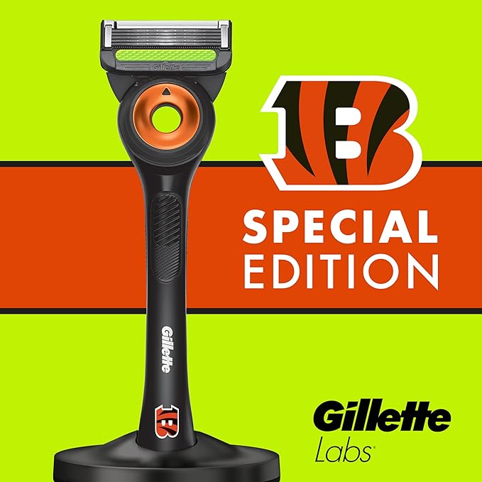Gillette Labs Special NFL Bengals Edition Shaving Razor for Men - 1 Handle, 4 Razor Blade Refills & Magnetic Stand, Holiday Gifts for Men, GilletteLabs with Exfoliating Bar