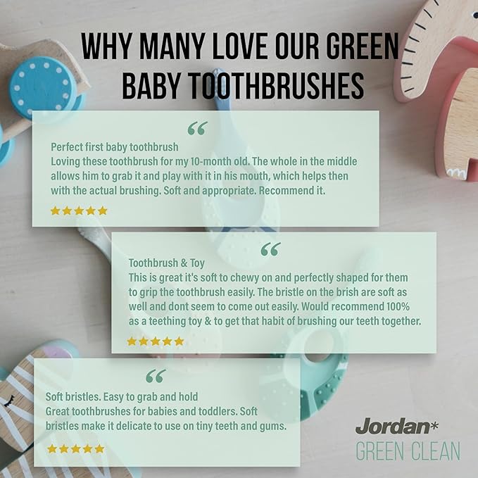Jordan | Green Clean Sustainable Toothbrush | Award Winning Eco-Friendly Scandinavian Design | Soft Bristle Adult Toothbrush x 4 Units + Baby