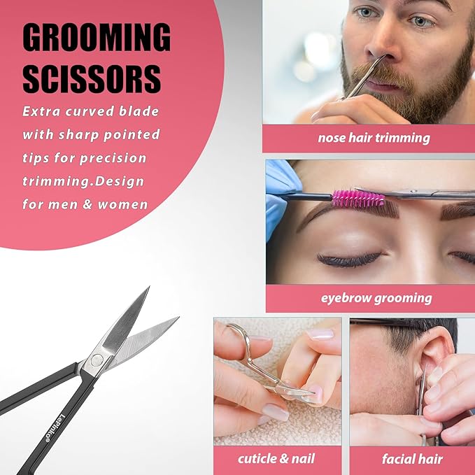 LePinko Eyebrow Trimmer Kit, 7 in 1 Eyebrow Scissors, Tweezer, Razor, Gromming Scissors Brush for Women Men, Gifts for Stocking Stuffers - White