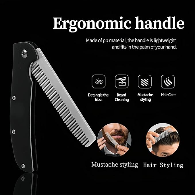 Folding Pocket Comb for Men - Stainless Steel Travel Hair & Beard Styling Tool, Compact 180° Rotating Design, Smooth Rounded Teeth, Portable Grooming Comb
