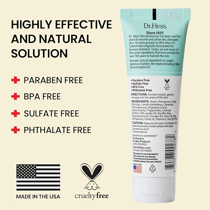 Dr. Hess Skin Moisturizer For Diabetic Prone Skin, Relief Moisturizing Body Lotion with Lanolin, Beeswax, Jojoba Oil & Olive Oil, Moisturizer for Dry, Itchy, Rough & Bumpy Skin, 4oz