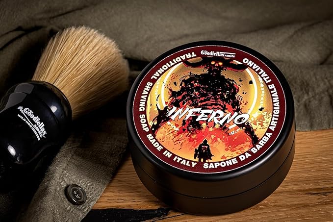 The Goodfellas’ Smile INFERNO (Leather, Cedar & Sandalwood) Italian Shaving Soap – Tallow-Based Soft Soap for Traditional Wet Shaving with Shave Brush & Razor