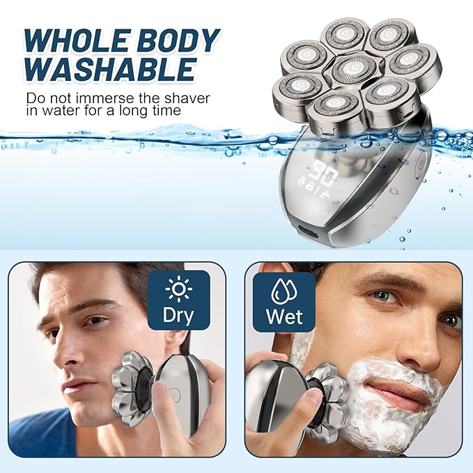 Electric Head Shavers for Men：- 6 in 1 Head Shavers for Bald Men, IPX6 Waterproof Men's 8D Electric Head Razor, Wet&Dry Rotary Shaver Grooming Kit with Nose Beard Trimmer Hair Clipper