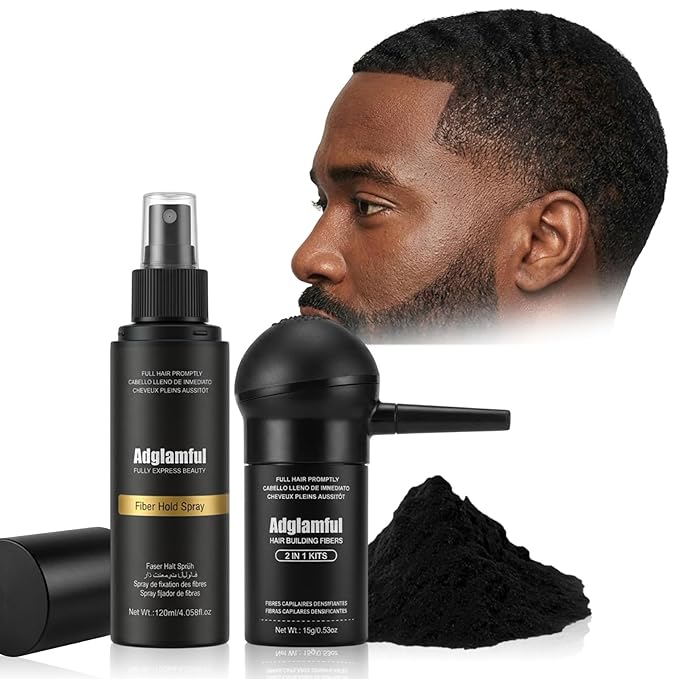 Hair Building Fibers Kit for Thinning Hair, Hair Thickening Powder & Styling Fiber Hold Mist Set, Creates Natural Full-Looking, 24H Long-Lasting Effect–Black, 15g + 120ml, Black