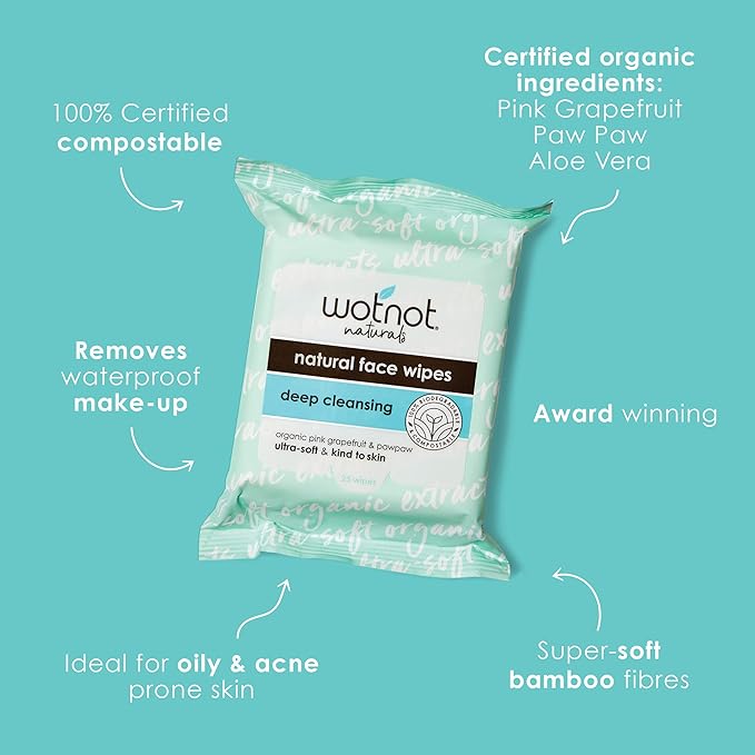 Wotnot - Natural Face Wipes, Deep Cleansing , 25 count (Pack of 3)