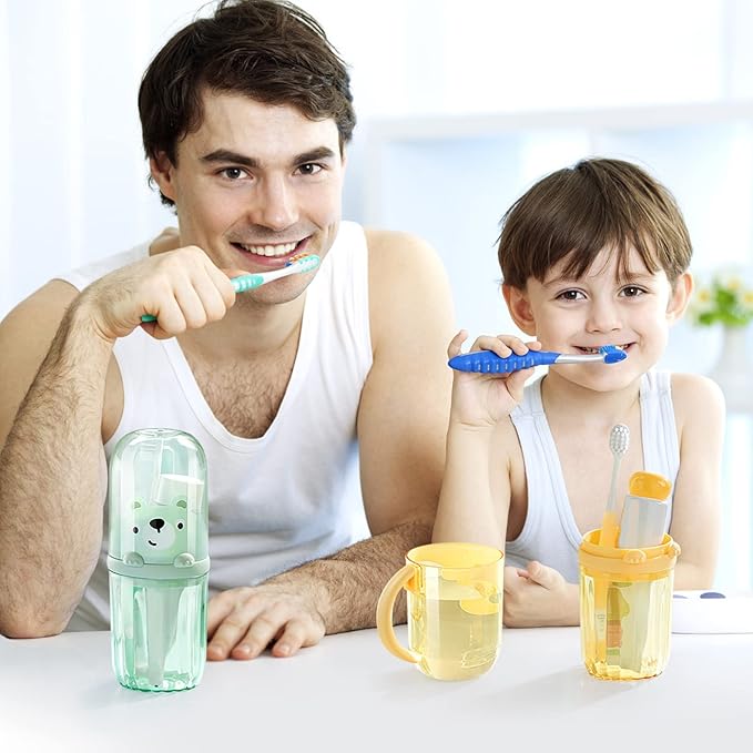 Cute Portable Toothbrush Holder Plastic Toothbrush Travel Case for Kids with Detachable Handle Multifuction Toothbrushes Toothpaste Storage Box Set for Camping Travel or Daily Use (Green)