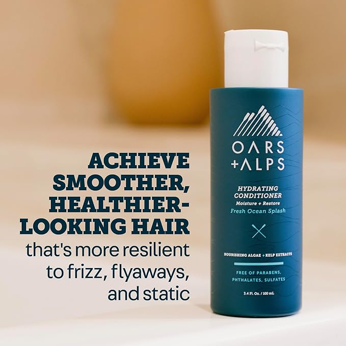 Oars + Alps Men's Sulfate Free Hair Shampoo and Conditioner Set, Infused with Kelp and Algae Extracts, Fresh Ocean Splash, Travel Size 3.4oz Each