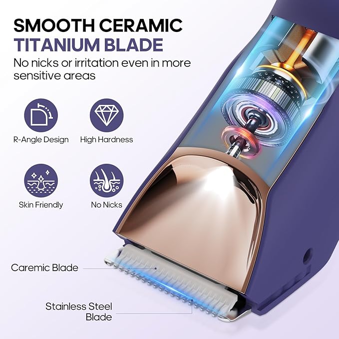 Electric Body Hair Trimmer Shaver - 3 in 1 Pubic Trimmer for Men - Bikini Trimmer for Women - No Nick Groin Ball Razor with Ceramic Blade Head, Wireless Dock Charging (Purple)