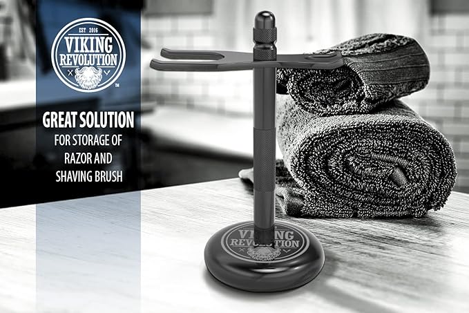 Viking Revolution Black Safety Razor Stand - Razor Holder and Shaving Brush Stand to Prolong the Life of Your Razor - Weighted Bottom for Extra Stability