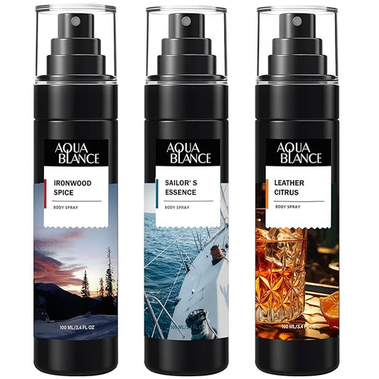 Body Spray for Men, Mens Body Refreshing Spray, Long Lasting, Pack of 3, Each 3.4 Fl Oz, Total 10.2 Fl Oz, Ironwood Spice, Sailor' s Essence, Leather Citrus