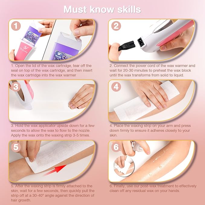 Roll on Wax Kit, Rolling Wax Hair Removal Kit for Women Men, Waxing Kit for Hair Removal, Roller Waxing Kit for All Skin Types, with Lavender and Honey Cartridges and 50 Pcs Strips