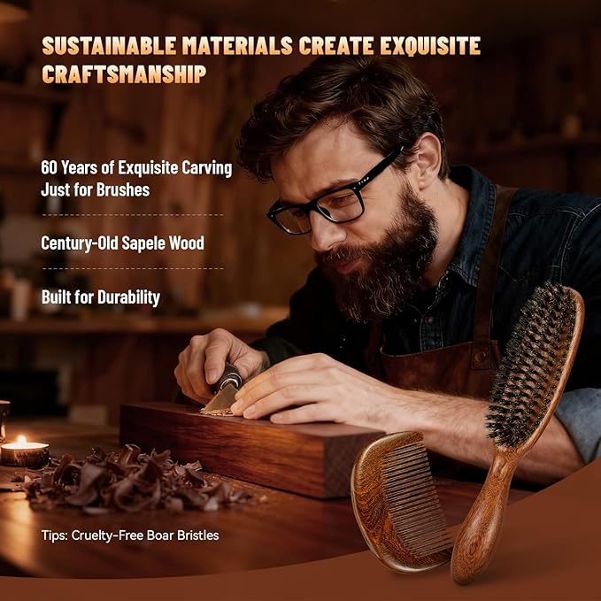 Hair and Beard Brush Kit for Men with Natural Boar Bristles and Sapele Wood Ergonomic Handle, Mustache Comb Grooming Gift for Thin Fine Hair Growth, Detangle, Smoothing, Taming, 9.1 Inches