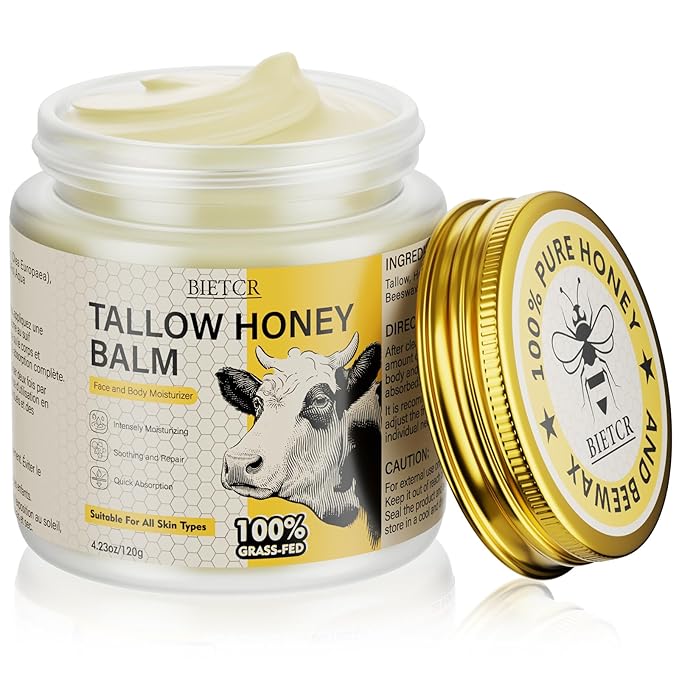Beef Tallow for Skin,Body,Tallow Face Moisturizer for Eczema,Lip Balm,Whipped tallow honey balm,Organic Grass-Fed,All Natural Body Lotion for Women & Men,Tallow Cream Skincare,Unscented 4.2 OZ