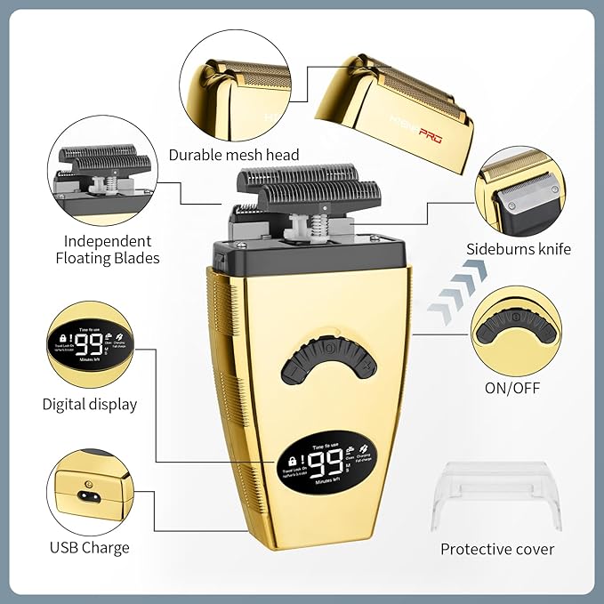 HIENA PRO Reciprocating Foil Shaver for Men, Professional Bald Precision Trimmer and Beard Trimmer, Electric Foil Shaver with USB Charging, Grooming Tools, Gifts for Men(Gold)