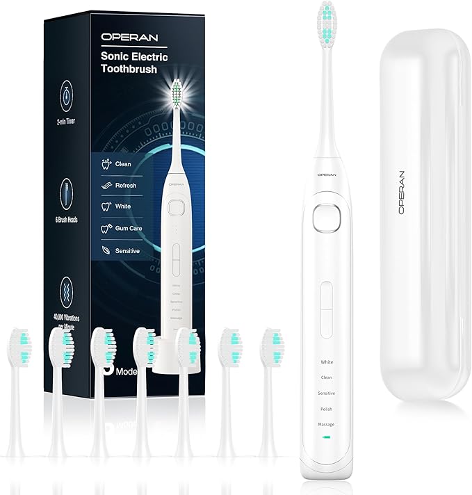 Operan Electric Toothbrush for Adults and Kids Rechargeable Sonic Toothbrush with 5 Modes 2-Min Smart Timer IPX7 Waterproof 40,000 VPM Motor with 8 Brush Heads & Travel Case (White, 1Pack)