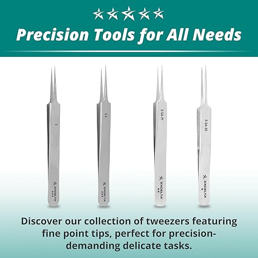 Excelta Ultra Fine Point Tweezers, Mini Straight Tapered For Microscopy, 4.25" Anti-Magnetic Stainless Steel, Basic