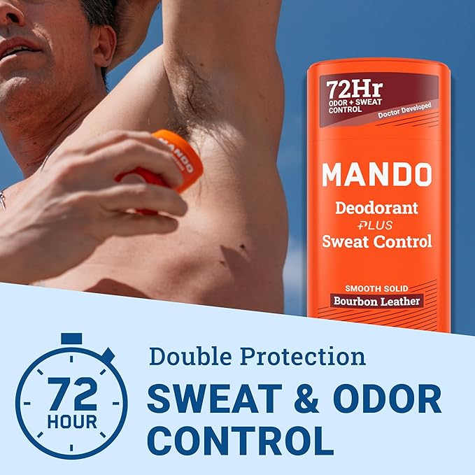 Mando Antiperspirant Deodorant Sweat and Odor Control for Men – Extra Strength Smooth Solid Stick – 72 Hour Performance – Baking Soda Free – 2.6 oz – 3 Pack – Bourbon Leather, Pro Sport, Mt Fuji