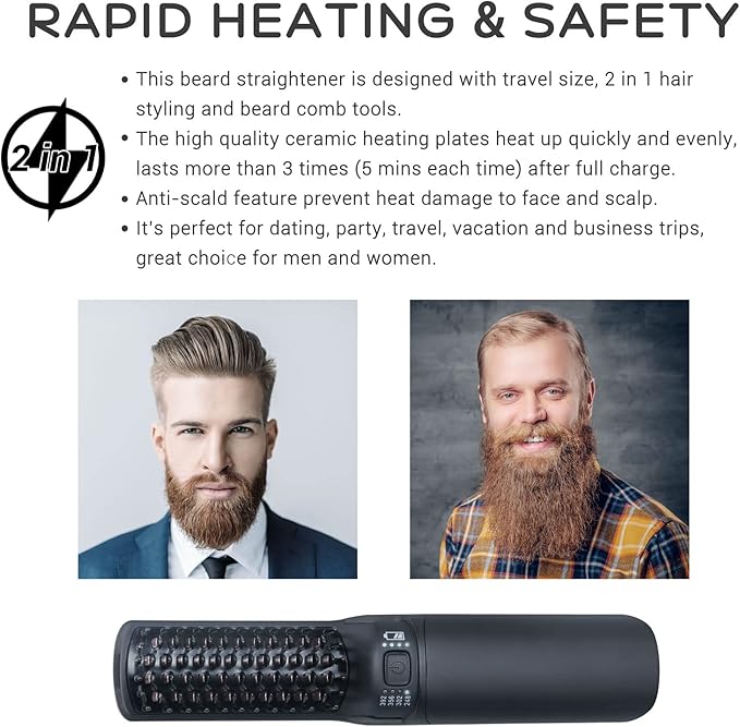 Premium Beard Mini Straightener Brush, Professional Straightener Brush for Men, Rechargeable 6400 mAh Straightening Tool Heated Comb, for Short & Long Beards for Home and Travel